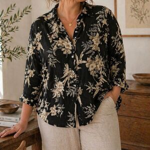 Vintage Linen Blend Floral Button Up Shirt Minimalist Cottagecore 14/16
